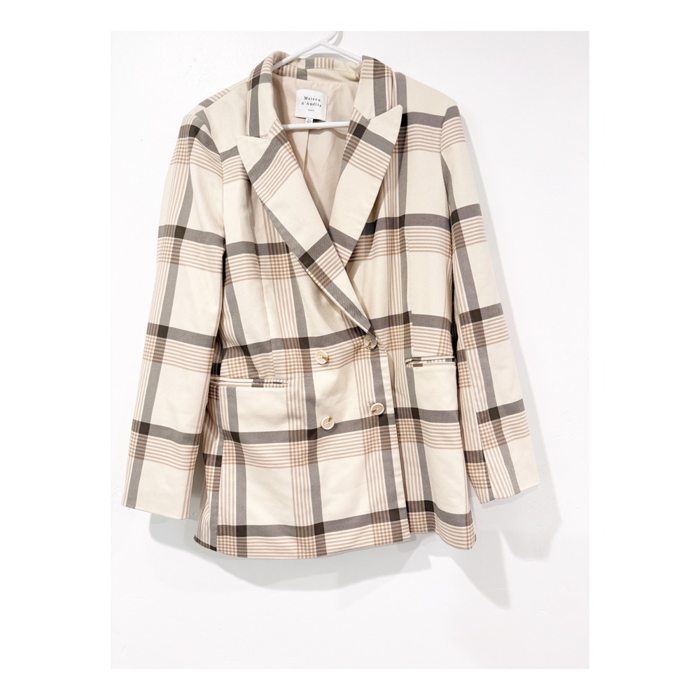 Maison d Amelie Paris Womens Large Plaid Double Breasted Blazer Cream Tan Black